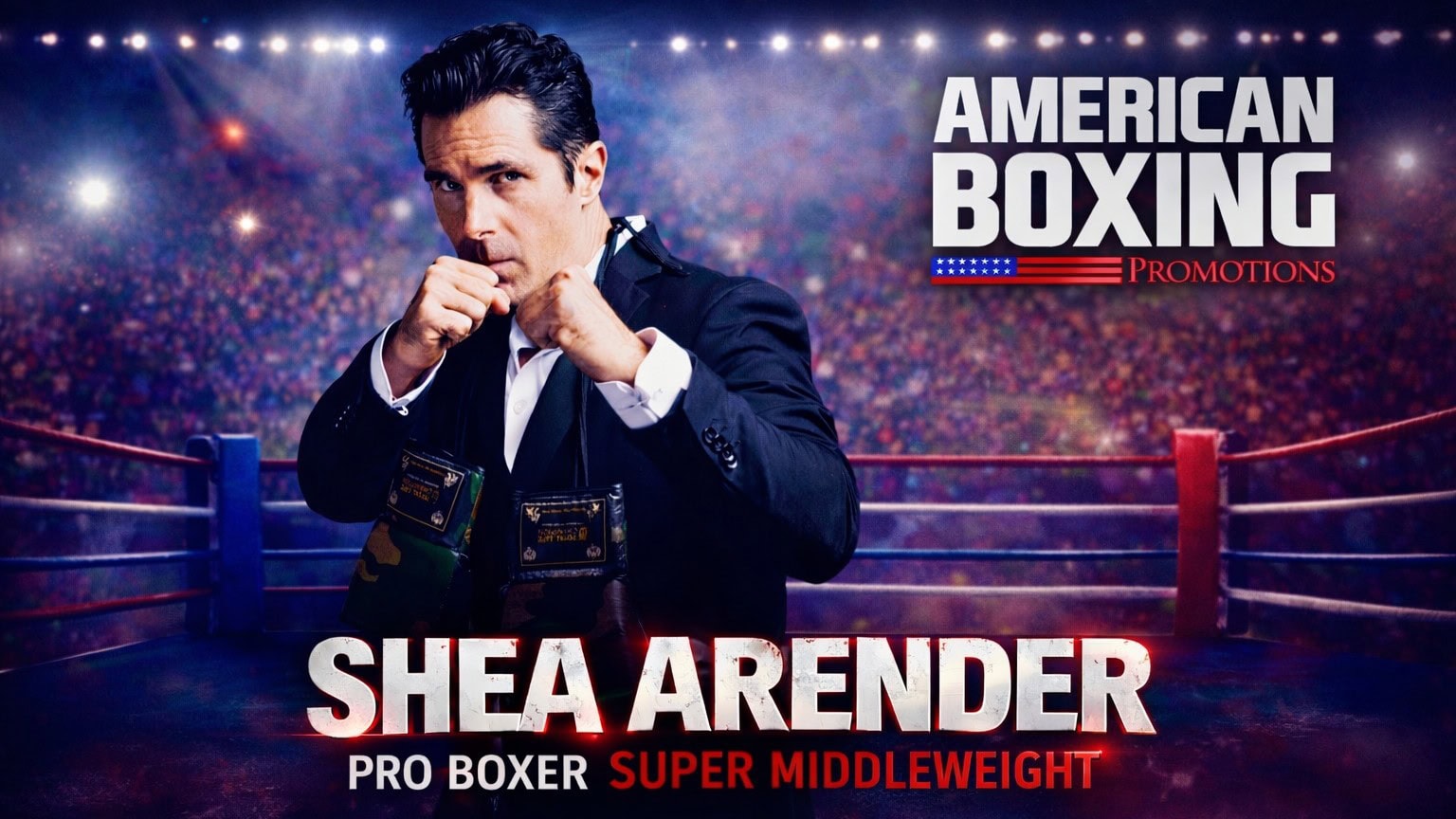 Shea Arender poses in front of a boxing ring at the Mayweather Boxing Club