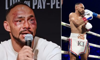 Split-screen: Keith Thurman with bruised and swollen face speaking into a microphone at post-fight press conference (left) and Thurman in action during his bout against Sebastian Fundora (right) in Las Vegas.