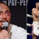 Split-screen: Keith Thurman with bruised and swollen face speaking into a microphone at post-fight press conference (left) and Thurman in action during his bout against Sebastian Fundora (right) in Las Vegas.