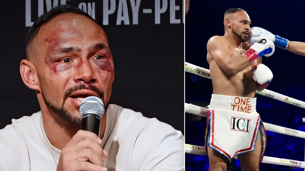 Split-screen: Keith Thurman with bruised and swollen face speaking into a microphone at post-fight press conference (left) and Thurman in action during his bout against Sebastian Fundora (right) in Las Vegas.
