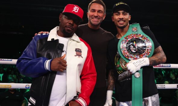 Ben Whittaker poses in the ring with the WBC Silver light heavyweight title after stopping Benjamin Gavazi on November 29, 2025.