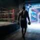 AI-generated image of a boxer walking from an old boxing gym into a brightly lit modern arena, symbolizing two systems in professional boxing