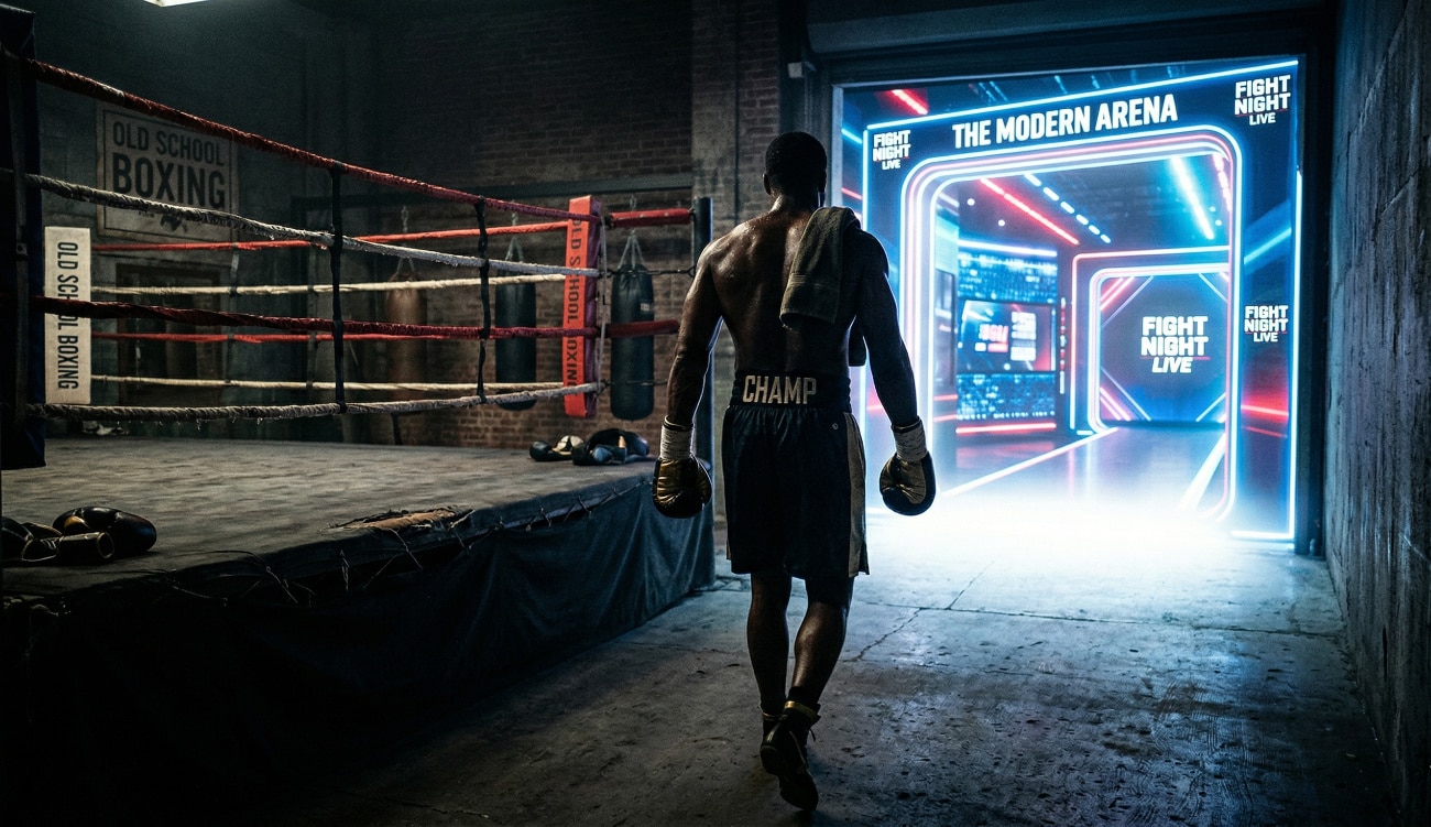 AI-generated image of a boxer walking from an old boxing gym into a brightly lit modern arena, symbolizing two systems in professional boxing