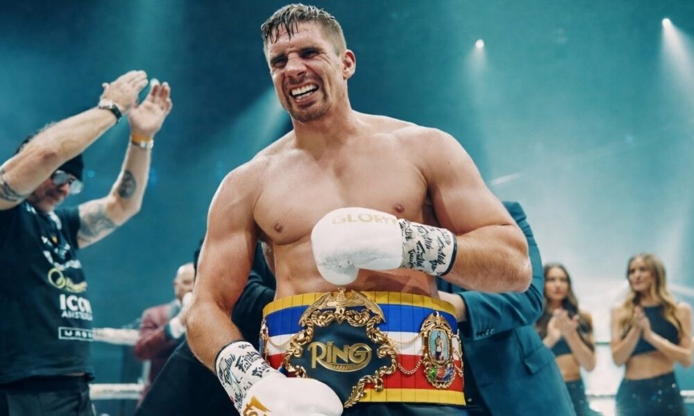 Rico Verhoeven wearing The Ring belt during boxing crossover buildup