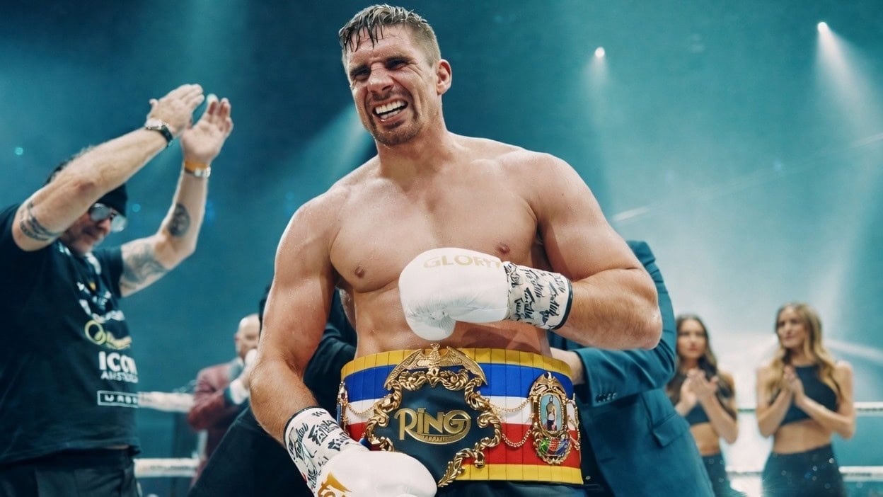 Rico Verhoeven wearing The Ring belt during boxing crossover buildup