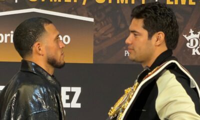 David Benavidez SIZES UP BIGGER Zurdo Ramirez during INTENSE FACE OFF