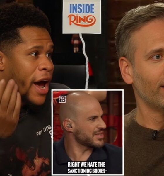 Devin Haney reacts during The Ring podcast debate as Mike Coppinger’s “hate the sanctioning bodies” comment is discussed
