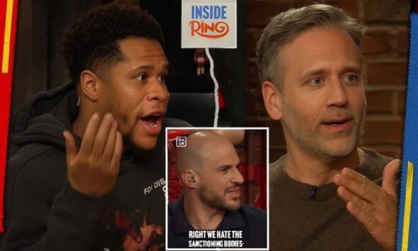 Devin Haney reacts during The Ring podcast debate as Mike Coppinger’s “hate the sanctioning bodies” comment is discussed
