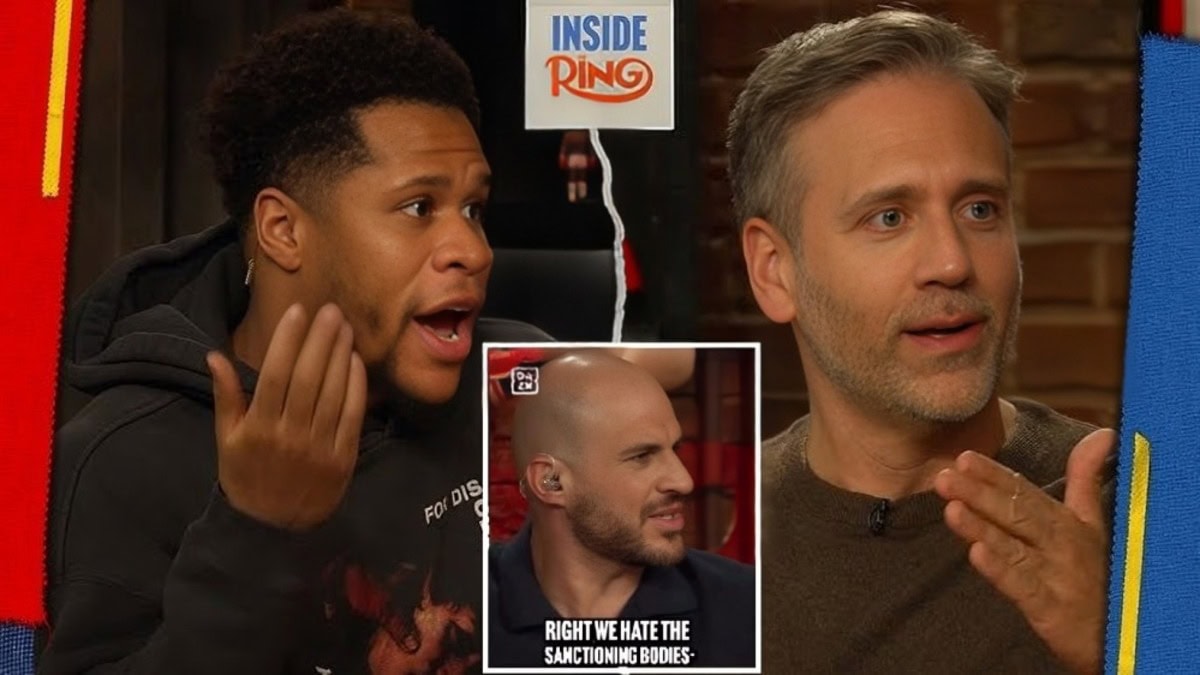 Devin Haney reacts during The Ring podcast debate as Mike Coppinger’s “hate the sanctioning bodies” comment is discussed