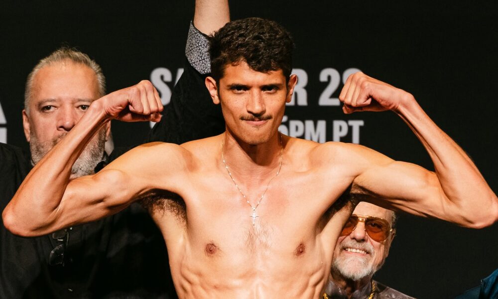 Sebastian Fundora poses during the official weigh-in ahead of his WBC super welterweight title defense against Keith Thurman at the MGM Grand Garden Arena in Las Vegas.