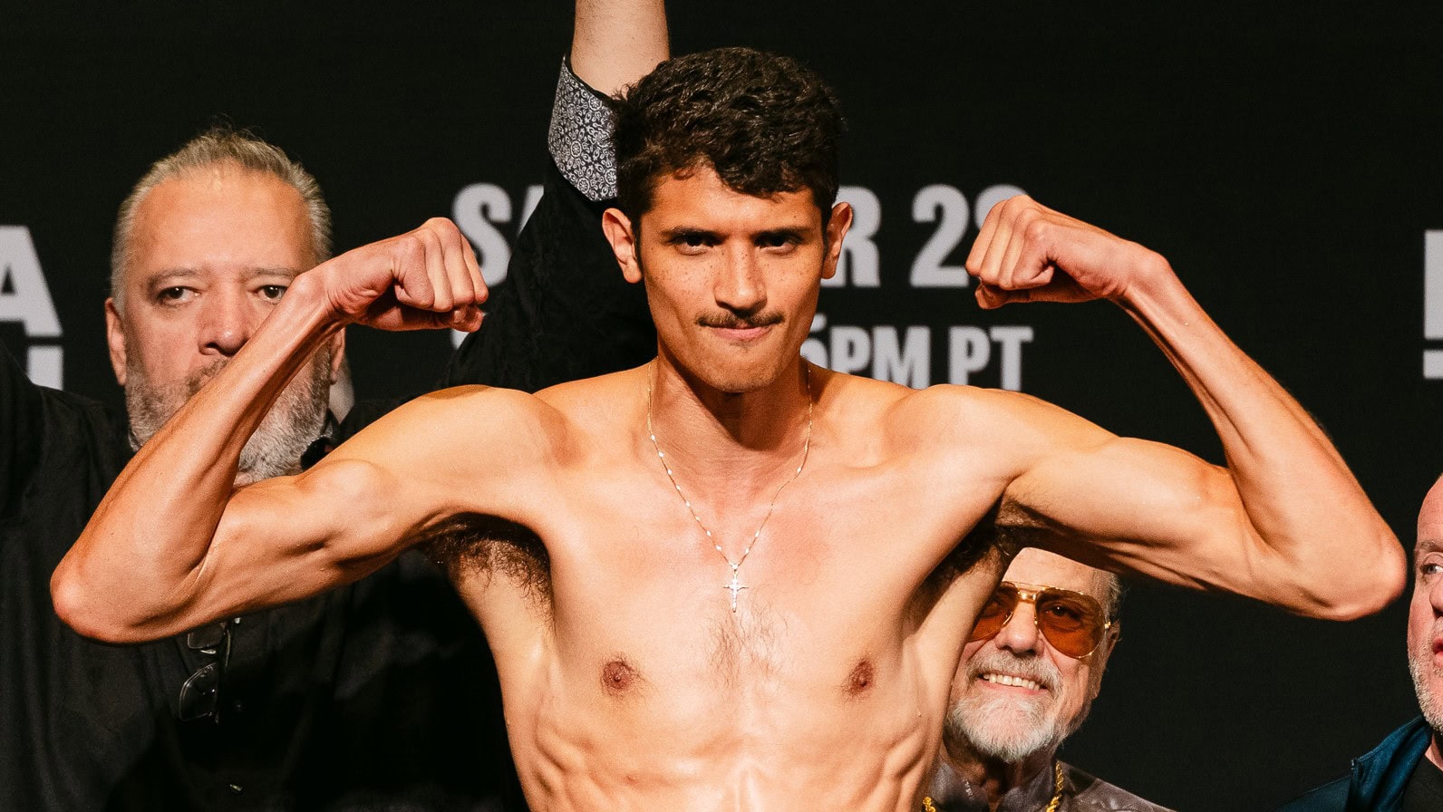 Sebastian Fundora poses during the official weigh-in ahead of his WBC super welterweight title defense against Keith Thurman at the MGM Grand Garden Arena in Las Vegas.