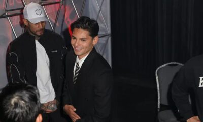 Ryan Garcia greets fans during a promotional event ahead of his fight with Rolando “Rolly” Romero, during the build-up to their May 2, 2025 bout in Times Square, New York.