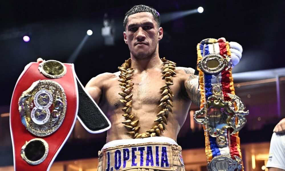 Jai Opetaia holding the IBF cruiserweight title belt in Riyadh after defeating Jack Massey