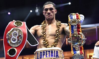 Jai Opetaia holding the IBF cruiserweight title belt in Riyadh after defeating Jack Massey