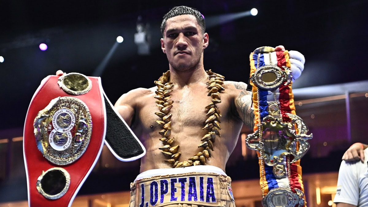 Jai Opetaia holding the IBF cruiserweight title belt in Riyadh after defeating Jack Massey