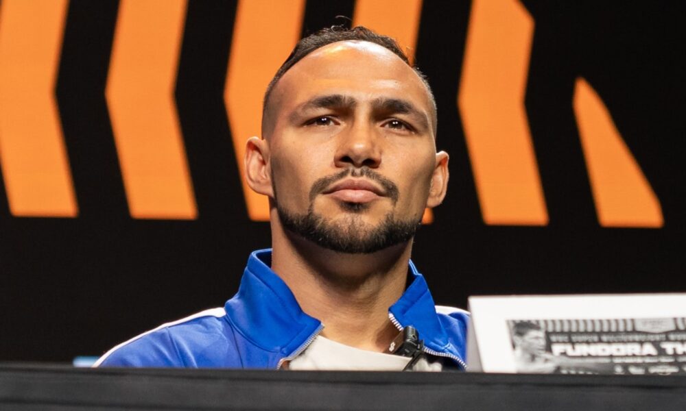 Keith Thurman speaks at the Sebastian Fundora press conference ahead of their March 28 WBC super welterweight title fight in Las Vegas.
