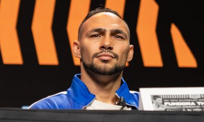 Keith Thurman speaks at the Sebastian Fundora press conference ahead of their March 28 WBC super welterweight title fight in Las Vegas.