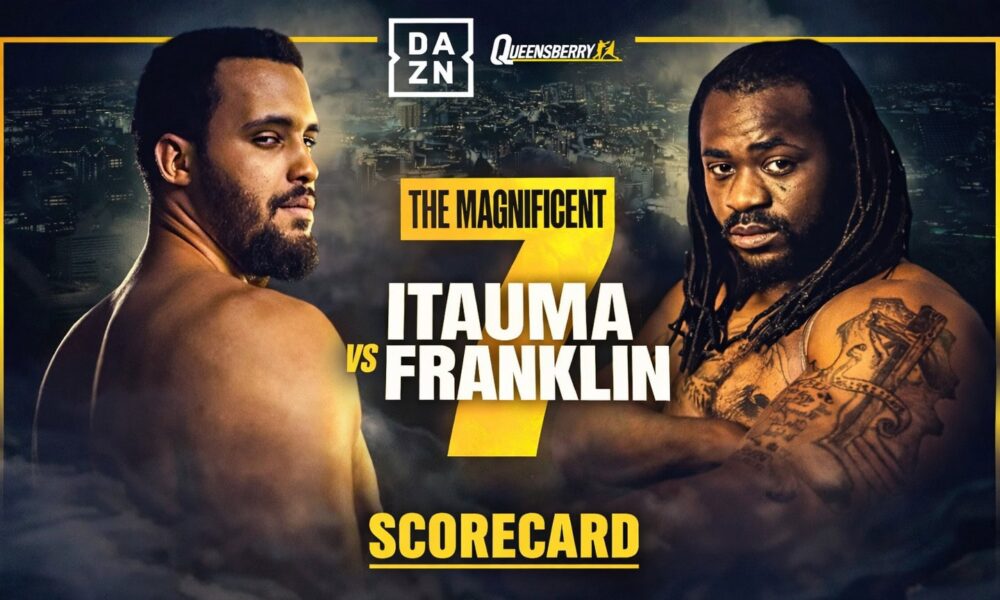 Moses Itauma vs Jermaine Franklin live scorecard poster for the Magnificent 7 heavyweight fight in Manchester