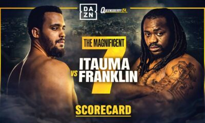 Moses Itauma vs Jermaine Franklin live scorecard poster for the Magnificent 7 heavyweight fight in Manchester