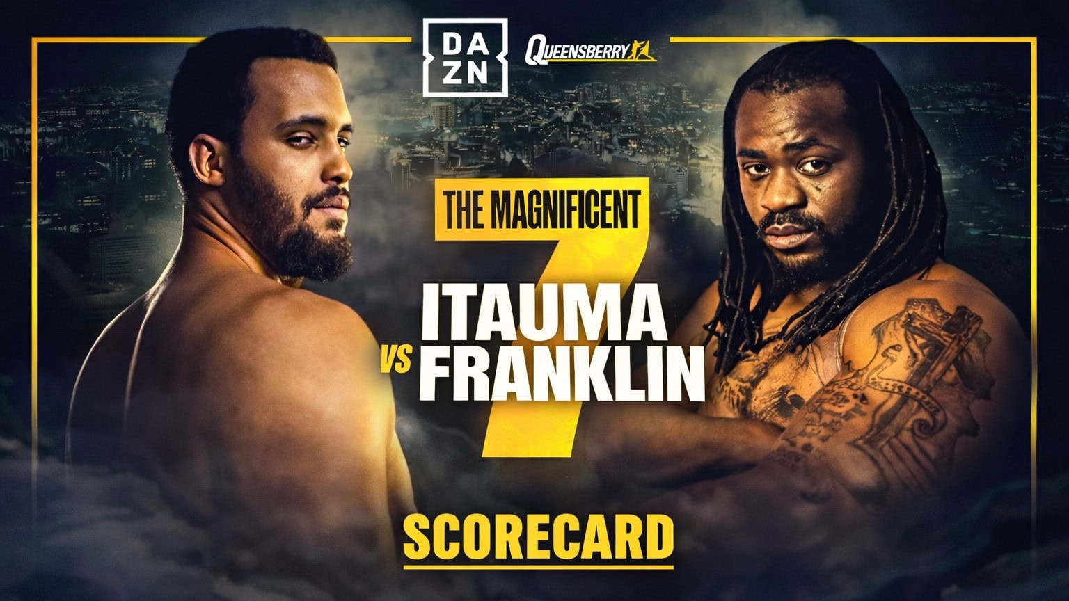 Moses Itauma vs Jermaine Franklin live scorecard poster for the Magnificent 7 heavyweight fight in Manchester