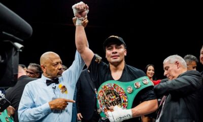 Lester Martinez celebrates winning the WBC interim super middleweight title