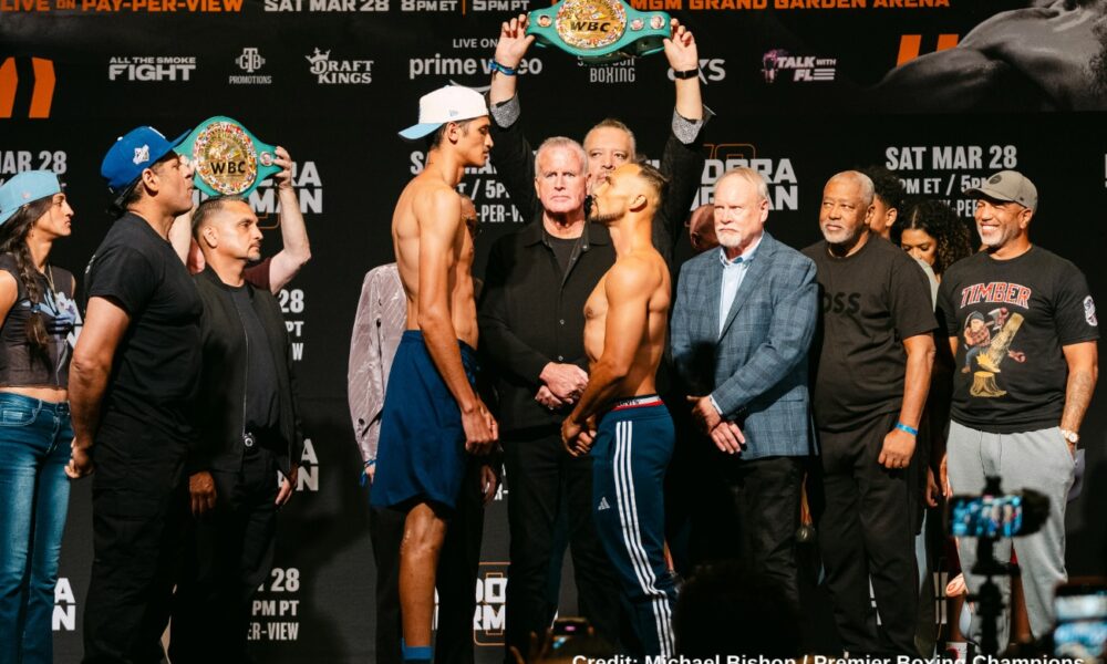 Sebastian Fundora and Keith Thurman face off at the weigh-in for their WBC junior middleweight title fight in Las Vegas.