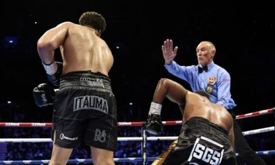 Moses Itauma defeated Jermaine Franklin in the fifth round. Source: Queensberry/Leigh Dawney