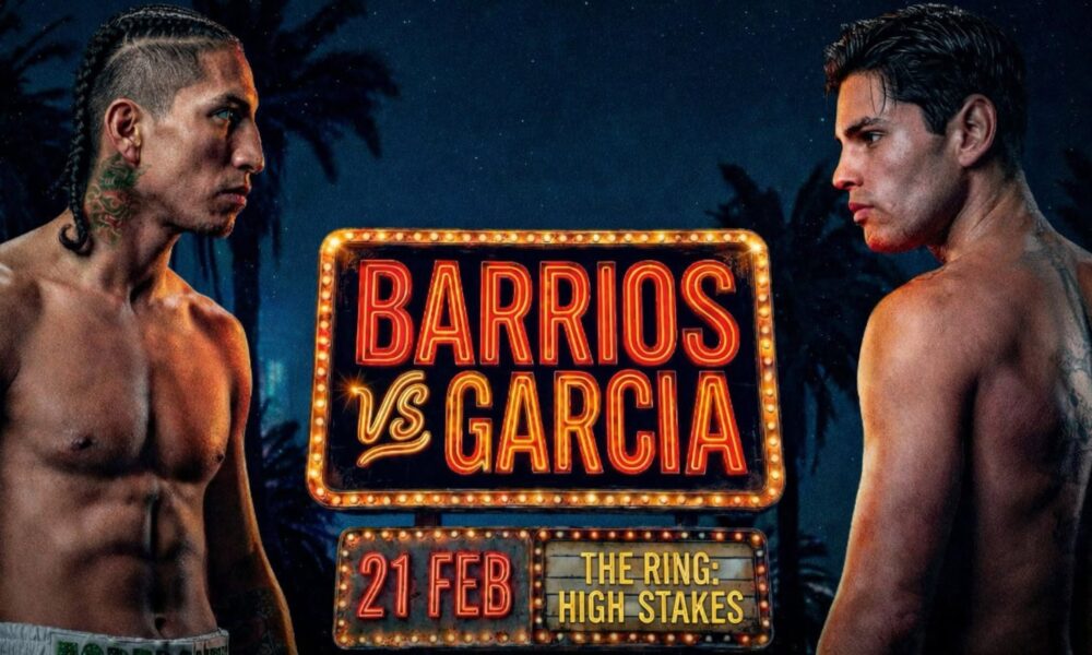 Las Vegas–themed boxing poster with Mario Barrios and Ryan Garcia squared up on opposite sides of a neon ‘Barrios vs Garcia’ sign.