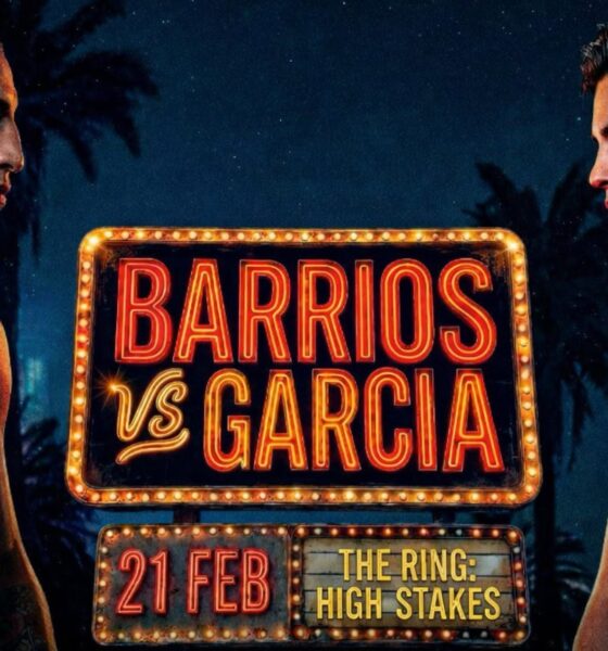 Las Vegas–themed boxing poster with Mario Barrios and Ryan Garcia squared up on opposite sides of a neon ‘Barrios vs Garcia’ sign.