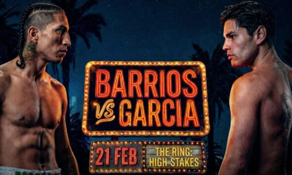 Las Vegas–themed boxing poster with Mario Barrios and Ryan Garcia squared up on opposite sides of a neon ‘Barrios vs Garcia’ sign.