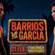 Las Vegas–themed boxing poster with Mario Barrios and Ryan Garcia squared up on opposite sides of a neon ‘Barrios vs Garcia’ sign.