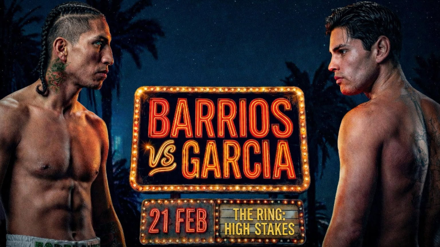 Las Vegas–themed boxing poster with Mario Barrios and Ryan Garcia squared up on opposite sides of a neon ‘Barrios vs Garcia’ sign.