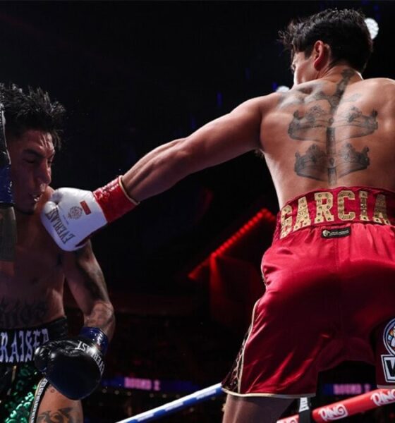 Ryan Garcia lands a blow on Mario Barrios in Las Vegas