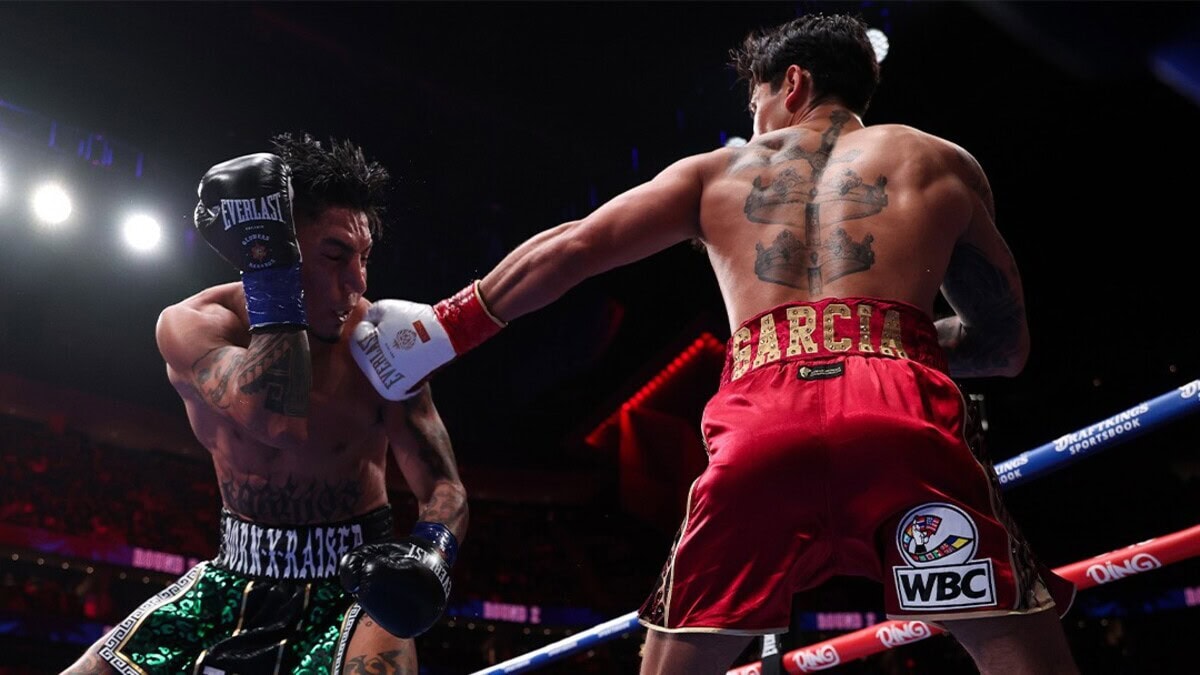 Ryan Garcia lands a blow on Mario Barrios in Las Vegas