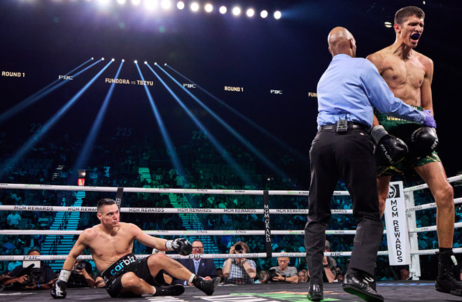 Fundora struck out Tszyu on her way to retiring in the seventh inning. Photo: Esther Lin/Premier Boxing Champions