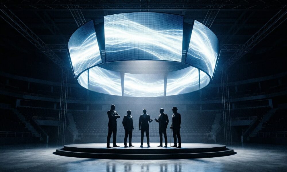 AI-generated image of silhouetted figures standing under a large digital screen in a boxing arena, representing promoters gathering under one platform.