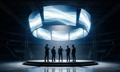 AI-generated image of silhouetted figures standing under a large digital screen in a boxing arena, representing promoters gathering under one platform.