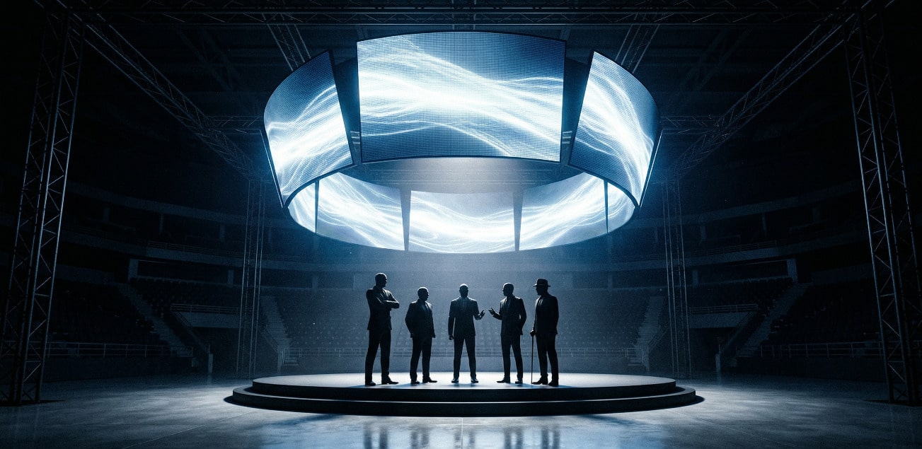 AI-generated image of silhouetted figures standing under a large digital screen in a boxing arena, representing promoters gathering under one platform.