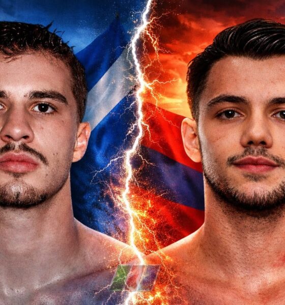 Seifeddine Letaief vs Arbnor Jashari rivalry poster showing the Swiss lightweights with Zurich blue tones on the left and Basel red tones on the right.