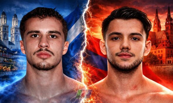 Seifeddine Letaief vs Arbnor Jashari rivalry poster showing the Swiss lightweights with Zurich blue tones on the left and Basel red tones on the right.