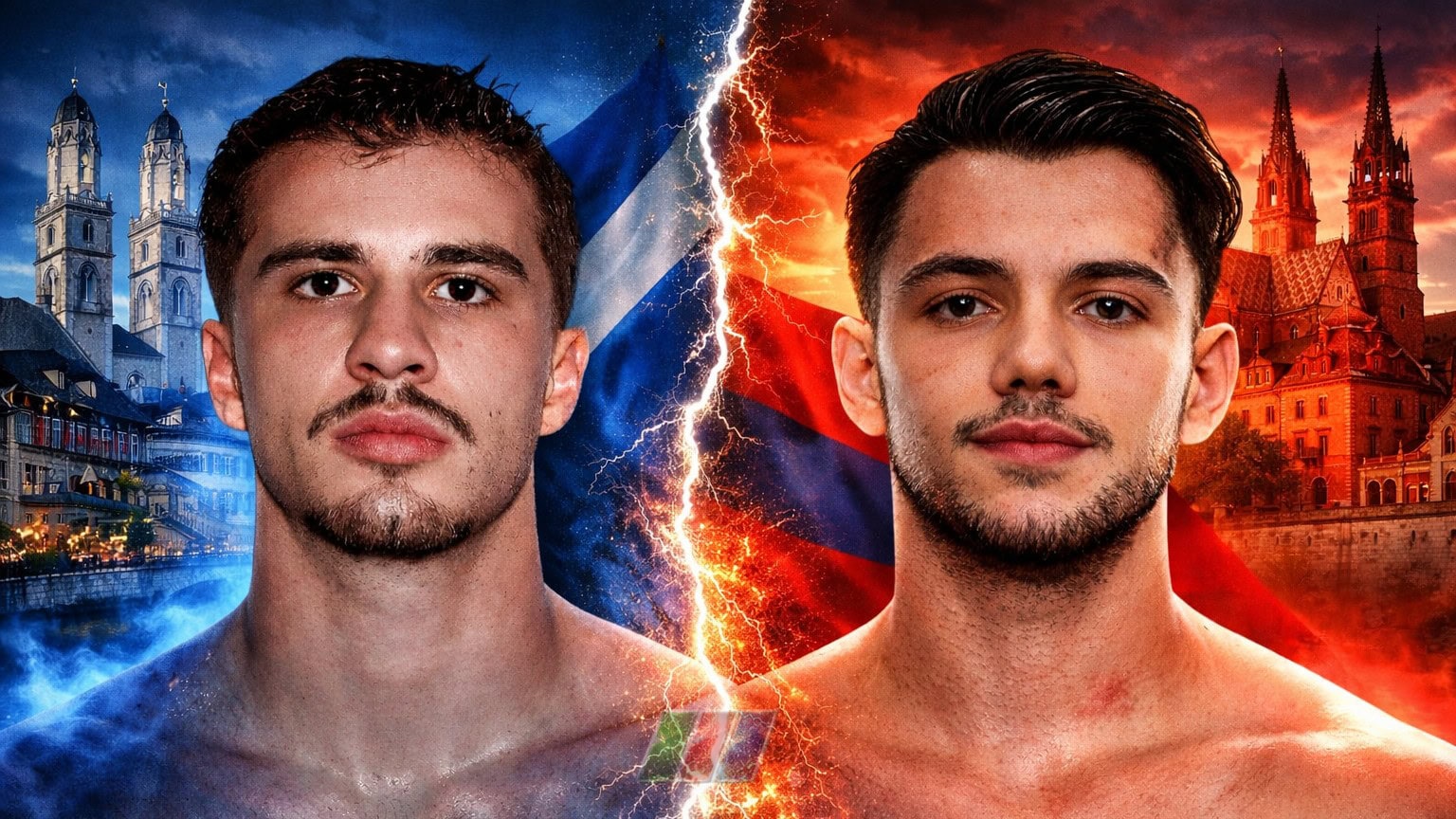 Seifeddine Letaief vs Arbnor Jashari rivalry poster showing the Swiss lightweights with Zurich blue tones on the left and Basel red tones on the right.