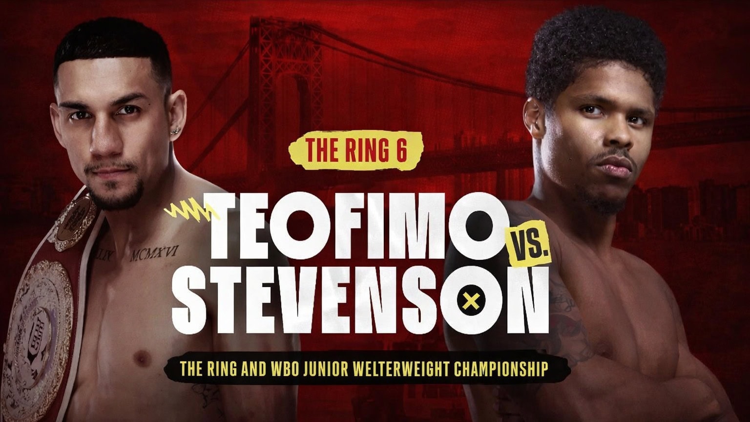 Promotional boxing poster showing Teofimo Lopez and Shakur Stevenson facing off.
