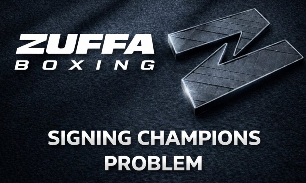 Zuffa Boxing logo graphic highlighting a champion signing problem after the IBF ruling on Jai Opetaia.