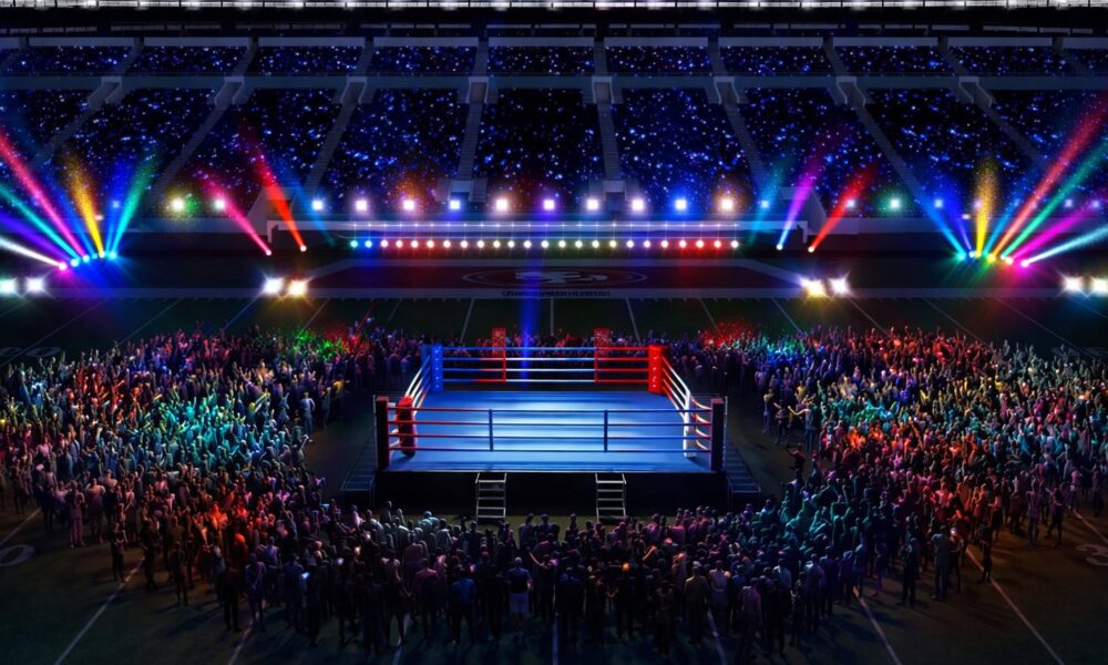 Boxing ring staged on football field during Super Bowl halftime concept