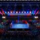 Boxing ring staged on football field during Super Bowl halftime concept