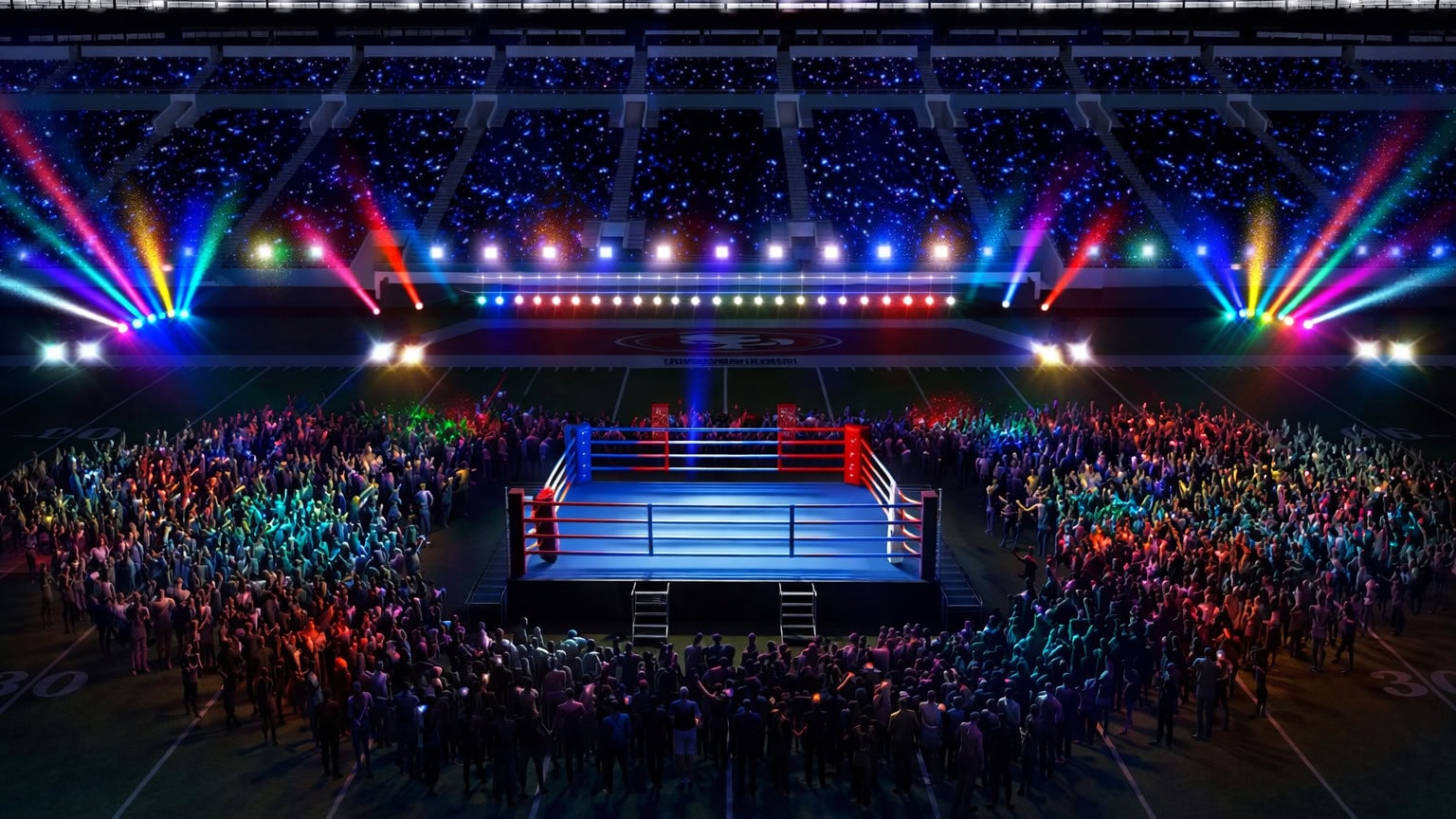 Boxing ring staged on football field during Super Bowl halftime concept