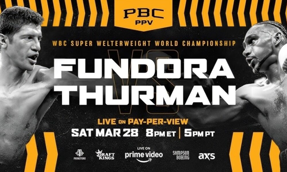 Sebastian Fundora vs Keith Thurman PBC Pay-Per-View poster for WBC super welterweight title fight in Las Vegas