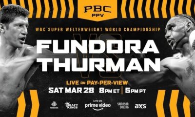 Sebastian Fundora vs Keith Thurman PBC Pay-Per-View poster for WBC super welterweight title fight in Las Vegas
