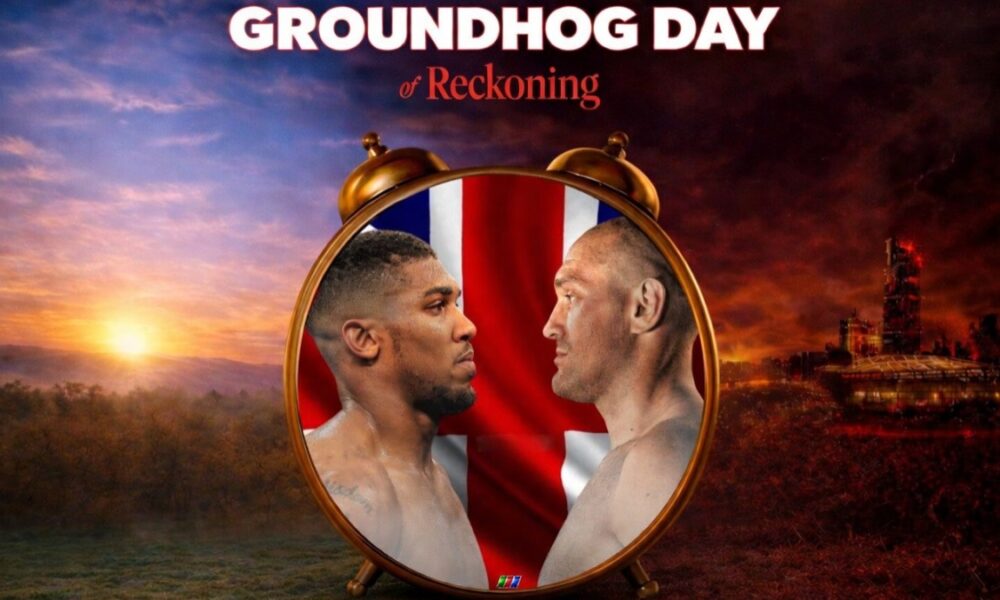 Anthony Joshua vs Tyson Fury Groundhog Day of Reckoning WBN graphic showing both fighters in a clock face-off