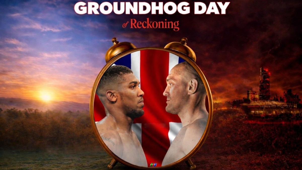 Anthony Joshua vs Tyson Fury Groundhog Day of Reckoning WBN graphic showing both fighters in a clock face-off